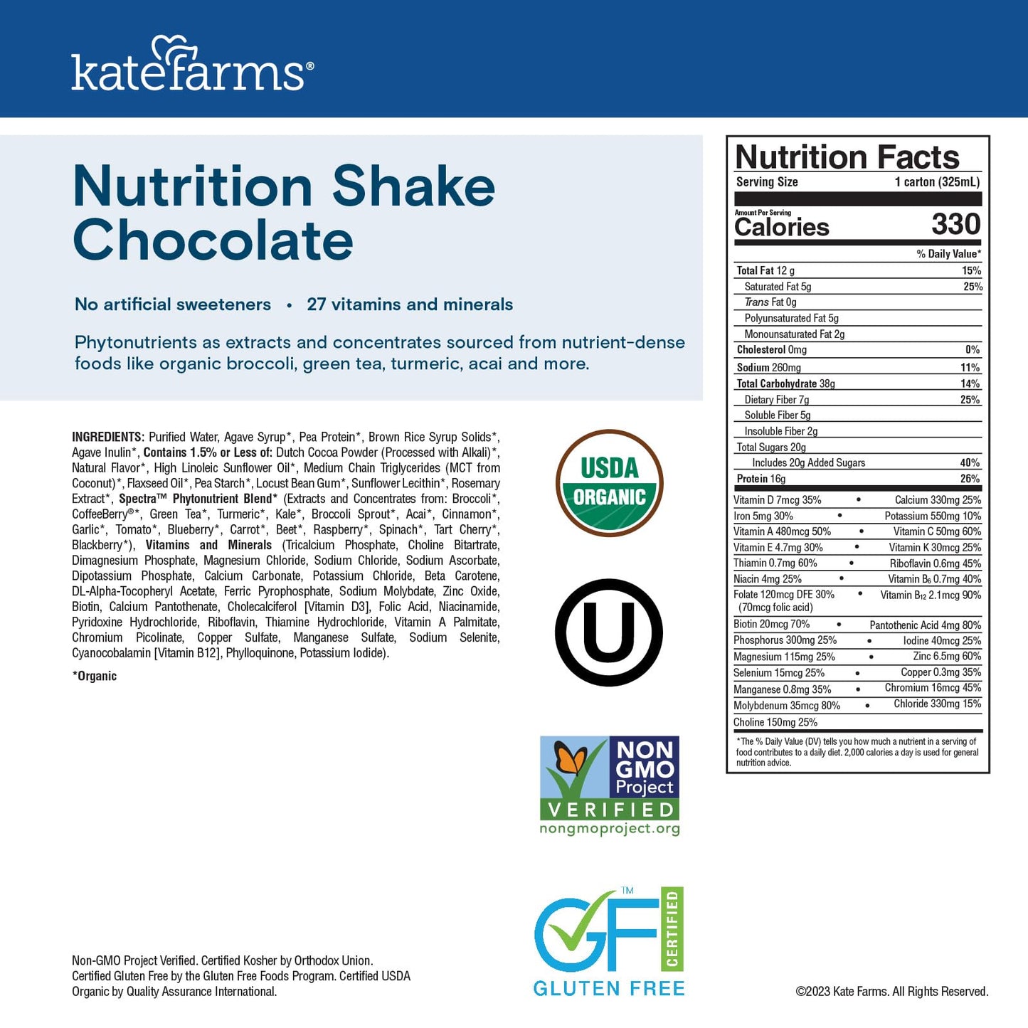 KATE FARMS Organic Nutrition Shake, Chocolate, 16g Protein, 27 Vitamins and Minerals, Protein Meal Replacement Drink, Protein Shake, 11 oz (12 Pack)