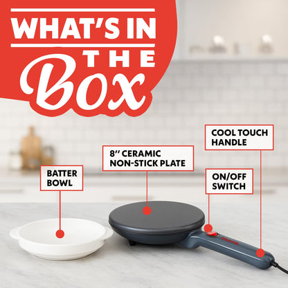 Gourmia 8” Electric Crepe Maker – Nonstick Ceramic Surface, One-Touch Operation, Includes Batter Tray, Compact & Easy to Clean, Crepe, Pancake & Tortilla Maker