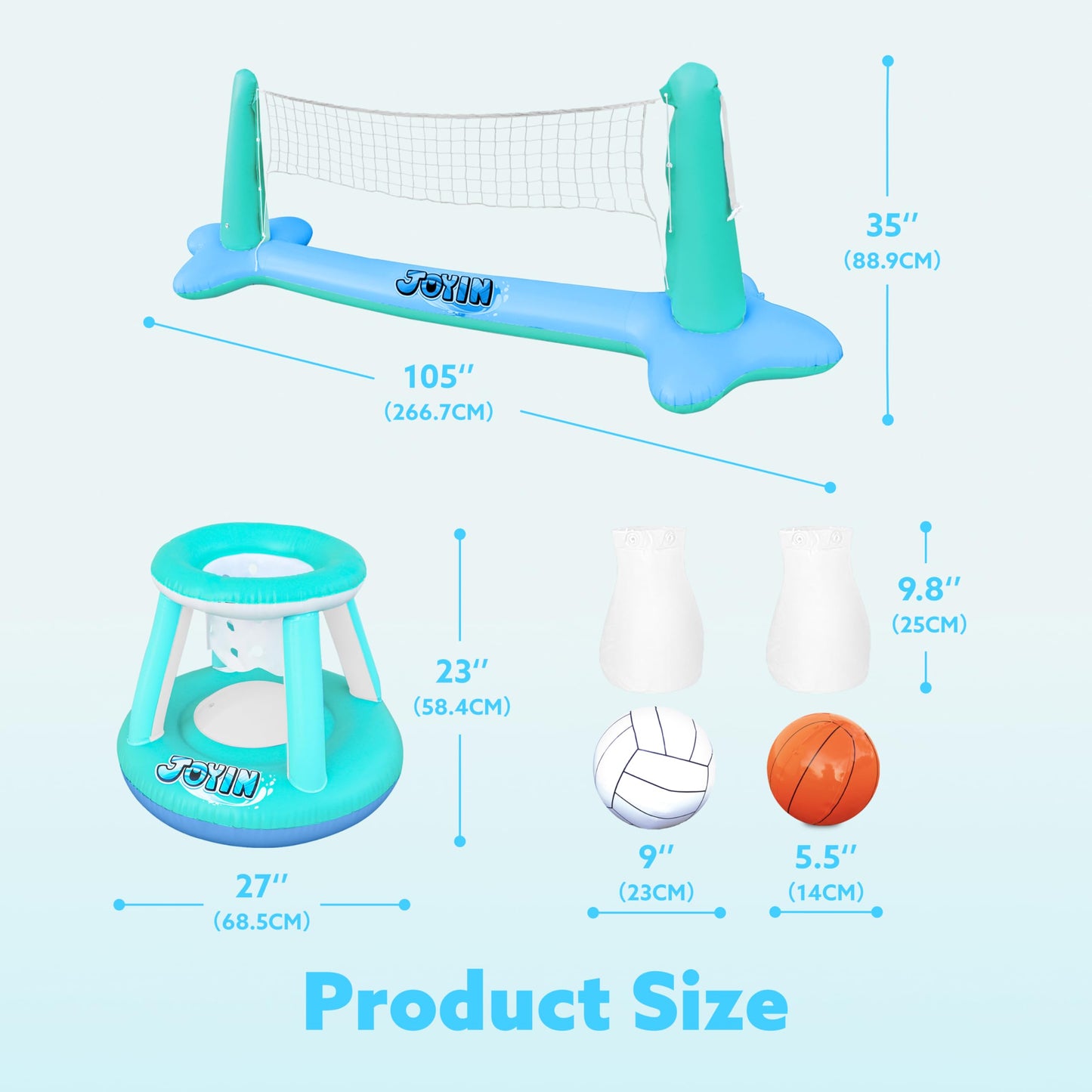JOYIN Inflatable Pool Float Set Volleyball Net & Basketball Hoops, Floating Swimming Game Toy for Kids and Adults, Summer Floaties, Volleyball Court (105”x28”x35”)|Basketball (27”x23”x27”),L-Blue