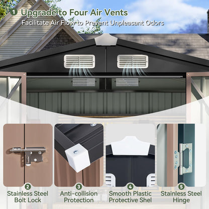 Aoxun 6.2x4 FT Shed Outdoor Storage Shed with Lockable Doors & Slooping Roof Metal Garden Tool Shed for Backyard, Patio, Poolside (Brown)