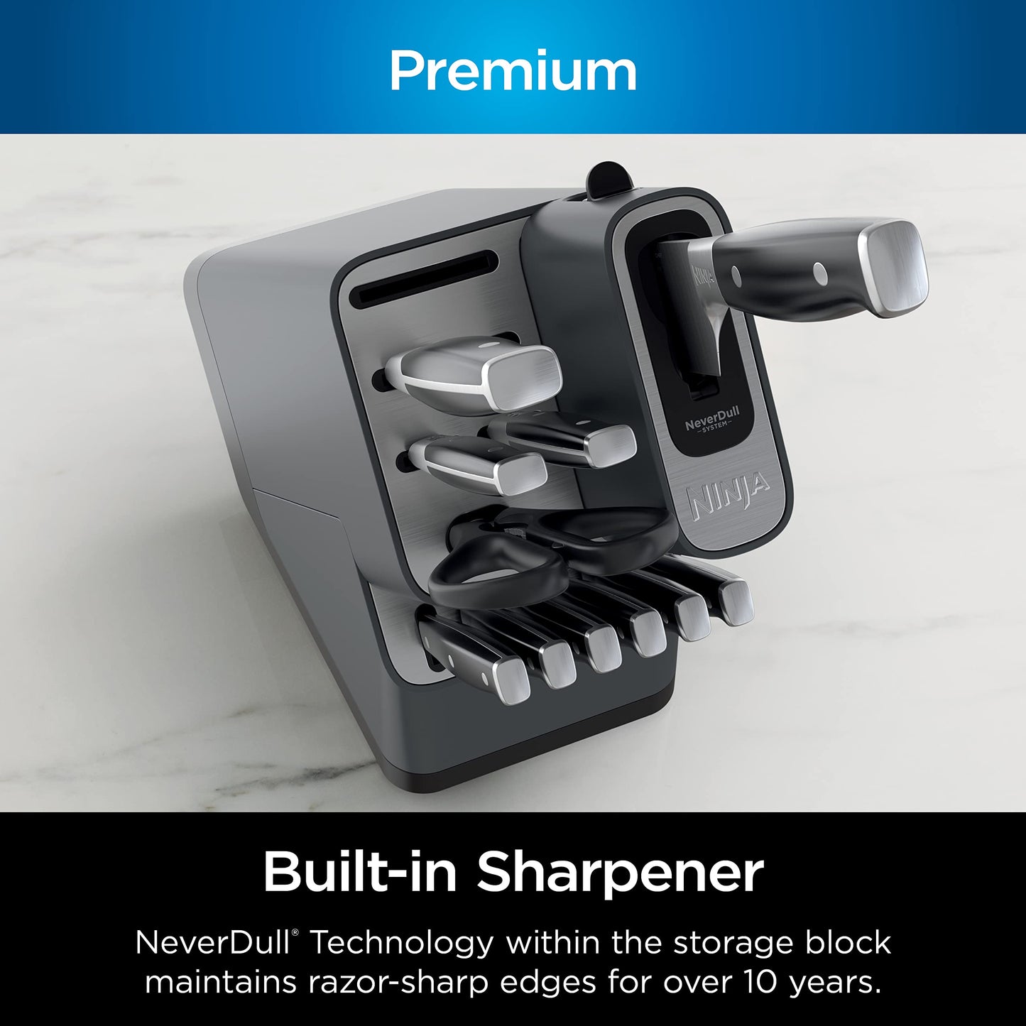 Ninja K32012 Foodi NeverDull Premium Knife System, 12 Piece Knife Block Set with Built-in Sharpener, German Stainless Steel Knives, Black