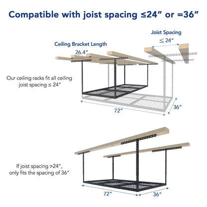 FLEXIMOUNTS 3x6 Overhead Garage Storage Adjustable Ceiling Rack 72" Length x 36" Width x 40" Height, 450lbs Weight Capacity, Black