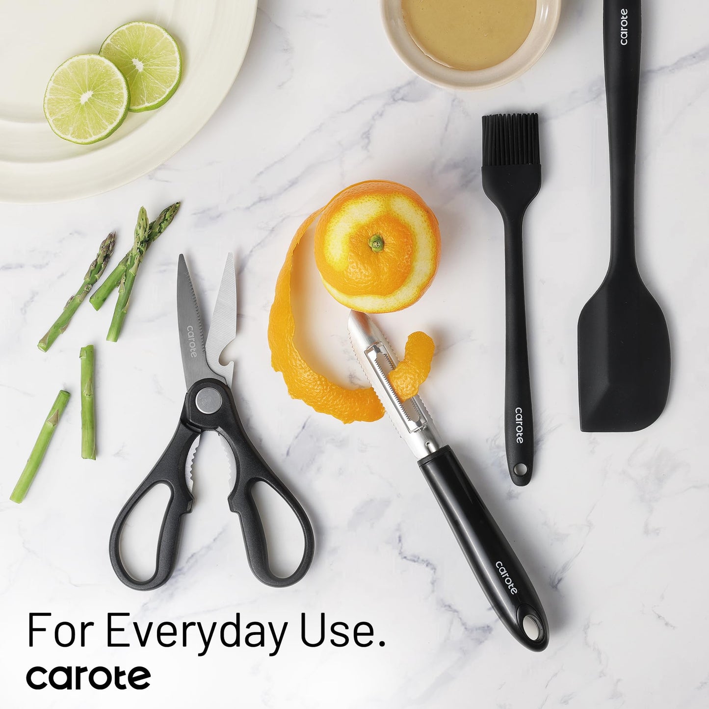 CAROTE 16 Pieces Kitchen Utensils Set, Silicone Cooking Utensils Set with Wooden Handle, Stainless Steel Knife Set with Block, Kitchen Utensil Gadgets Cutlery with Anti-slip Handle, Black