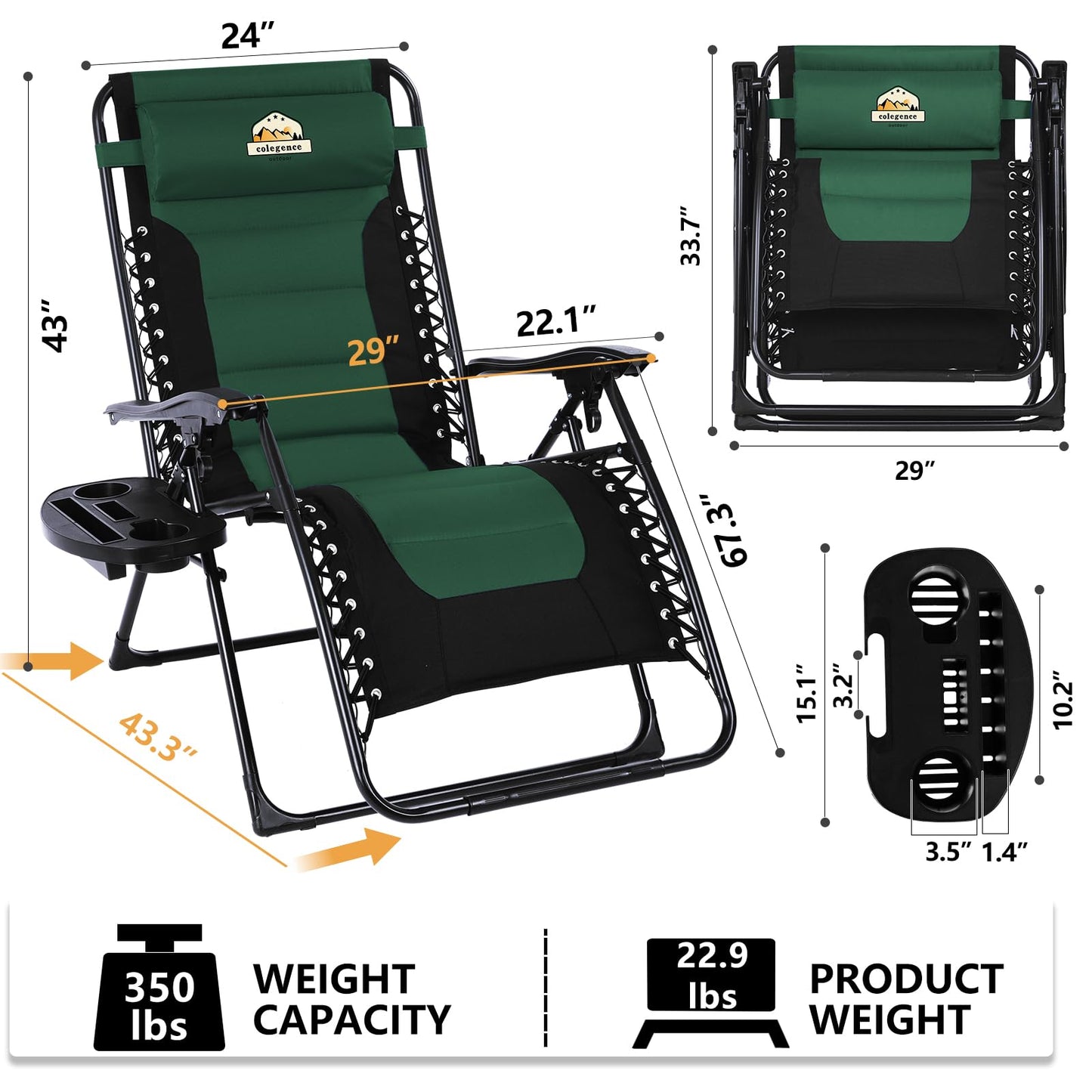 Colegence Oversized Padded Zero Gravity Lounge Chair, Foldable Patio Anti Gravity Reclining Chairs Folding Lawn Recliner with Cup Holder for Yard, Camping, Outdoor, Support 350 LBS, Green