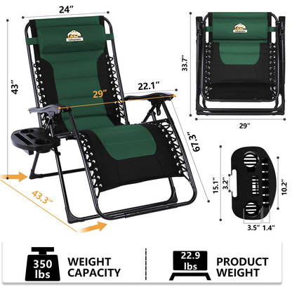 Colegence Oversized Padded Zero Gravity Lounge Chair, Foldable Patio Anti Gravity Reclining Chairs Folding Lawn Recliner with Cup Holder for Yard, Camping, Outdoor, Support 350 LBS, Green