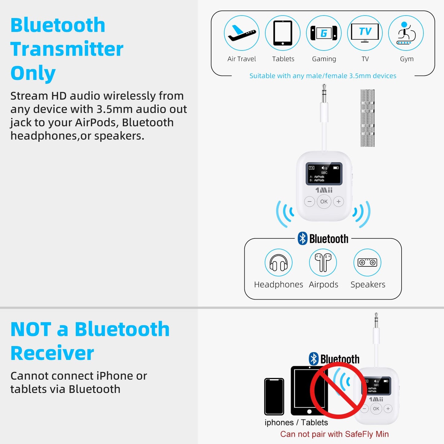 1Mii Bluetooth Transmitter for Airplane, Bluetooth 5.3 Adapter for TV,Airplane Travel Essentials, Aptx Low Latency Wireless Audio Aux for Headphones, Any 3.5mm Jack,Linking 2 Devices (White)