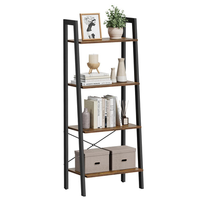 VASAGLE Ladder Shelf, 4-Tier Bookshelf, Storage Rack, Bookcase with Steel Frame, for Living Room, Home Office, Kitchen, Bedroom, Industrial Style, Rustic Brown and Ink Black ULLS44X