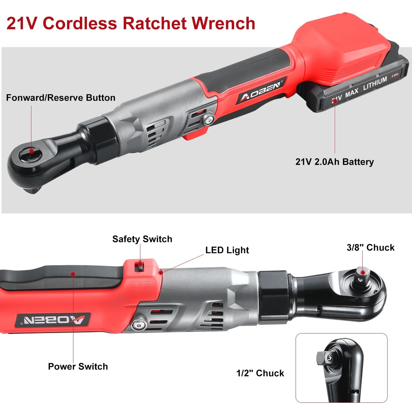 AOBEN 21V 1/2" Cordless Ratchet Wrench Kit-74 Ft-lbs Brushless Electric Power Ratchet with Variable Speed, 2X2000mAh Lithium-Ion Battery, Charger, 8 Sockets, 1/4" & 3/8" Adaptors, 3" Extension Bar