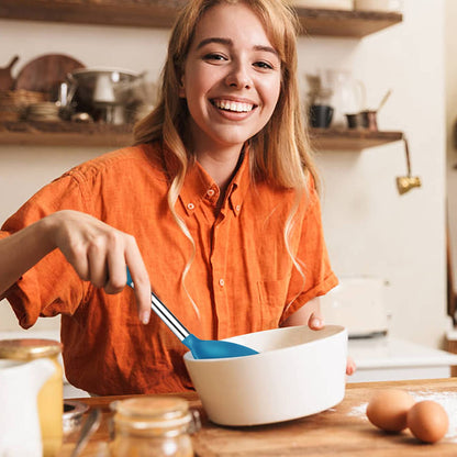 Pack of 4 Large Silicone Cooking Spatulas and Spoons, Slotted and Solid Stainless Steel Cooking Utensils Set, Non-stick Heat Resistant Kitchen for Baking, Fried, Stir-Fry, Mixing, Serving (Blue)