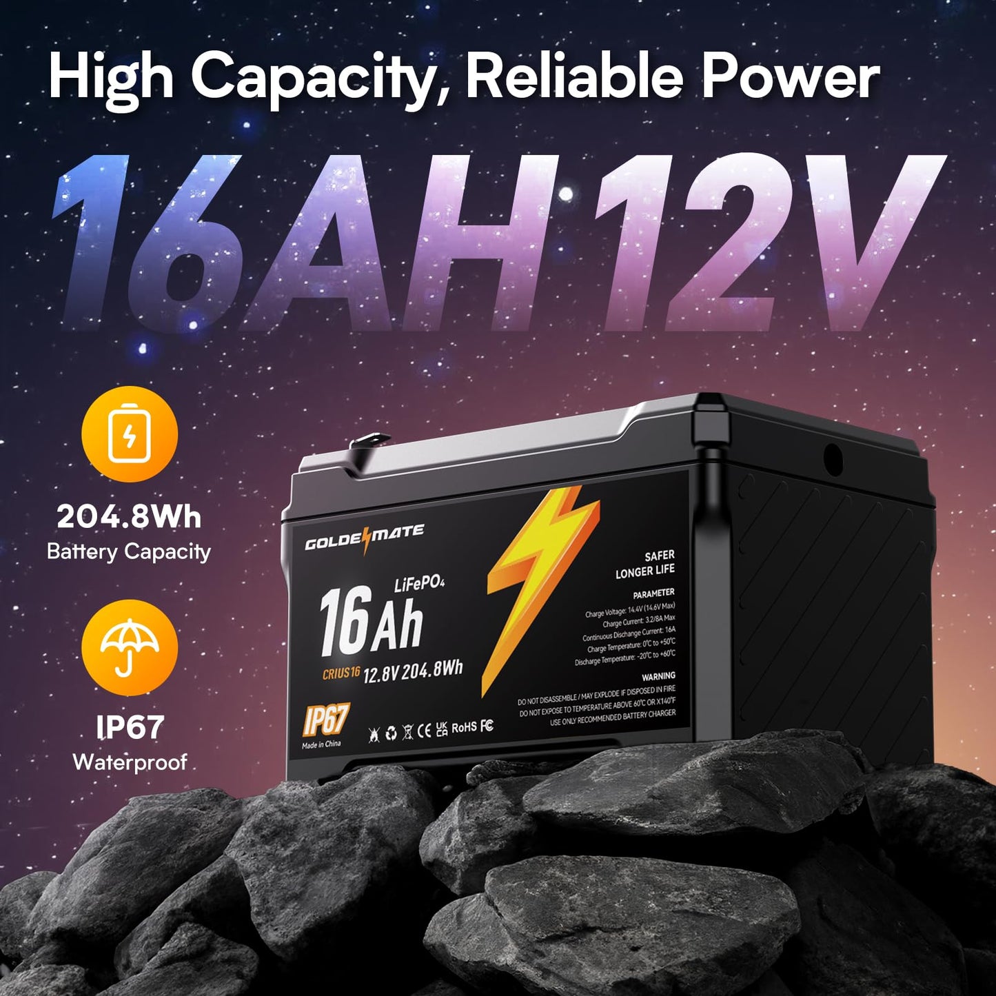 GOLDENMATE 12V 16Ah LiFePO4 Battery, IP67 Waterproof, 12V Lithium Battery w/ 5000+ Deep Cycles, Built-in BMS, Premium Lithium Iron Phosphate Cell, Ideal for Solar, Marine, Fishfinder, Off-grid camping