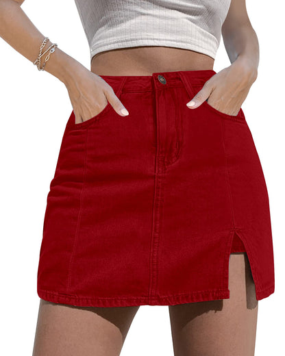 luvamia Skorts Skirts for Women Denim Mini Skirt Side Slit with High Wasited Jean Shorts Stretchy Going Out Skirts for Women Red Jean Shorts for Women True Red Size Medium Size 8 Size 10
