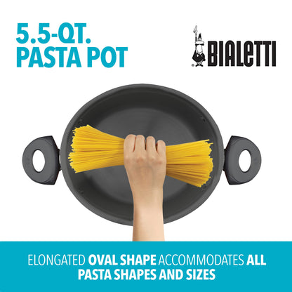 Bialetti 5.5 Quart Pasta Pot with Strainer Lid, Charcoal – Elongated Oval Pot for Longer Spaghetti, Lasagna, Penne & Farfalle Noodles, Heat Resistant Handles & Nonstick Interior, Large Pot for Cooking