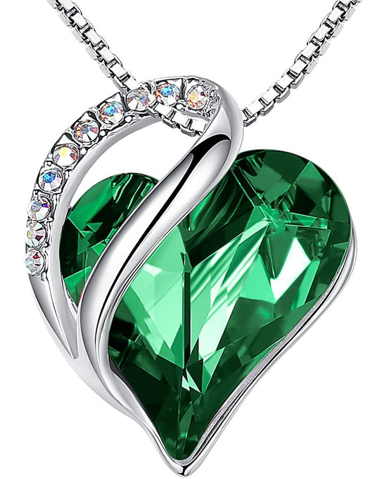Leafael Mothers Day Gift Necklaces for Women, Heart Pendant with Emerald Green Birthstone Crystal for May, Silver Plated 18 plus 2 inch Chain, Jewelry Birthday Gifts for Mom, Girlfriend, and Her