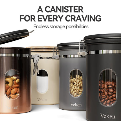 Veken Coffee Canister with Window,Coffee Bar Accessories,Airtight Stainless Steel Kitchen Food Storage Container Lover Gifts,Date Tracker and Scoop for Grounds,Beans,Tea, Sugar,Flour,Cereal,22OZ,Black