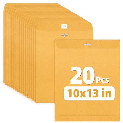 SUNEE Envelops, 10"x13" Brown Kraft Envelopes with Clasp Closure, 28-lb Paper Mailing Envelopes, 20 Count, Great for Filing, Storing or Mailing Documents
