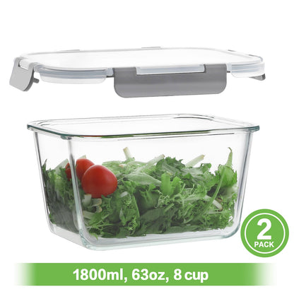 HOMBERKING 4 Pieces 63oz/8cup Large Glass Food Storage Containers with Lids, Meal Prep Containers, Airtight Bento Boxes with Leak Proof Locking (2 Containers 2 Lids), Microwave,Oven,Fridge Safe-Grey