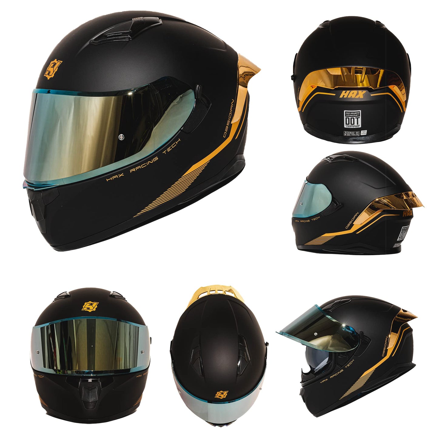 HAX Obsidian Full Face Dual Visor Adult Motorcycle Helmet for Motorbike Street Bike with Pinlock Ready DOT Approved Matte Black Gold M