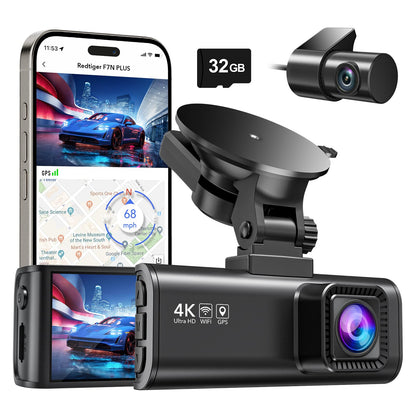 REDTIGER Dash Cam Front Rear, 4K/2.5K Full HD Dash Camera for Cars, Included 32GB Card, Built-in Wi-Fi GPS, 3.16” IPS Screen, Night Vision, 170°Wide Angle, WDR, 24H Parking Mode