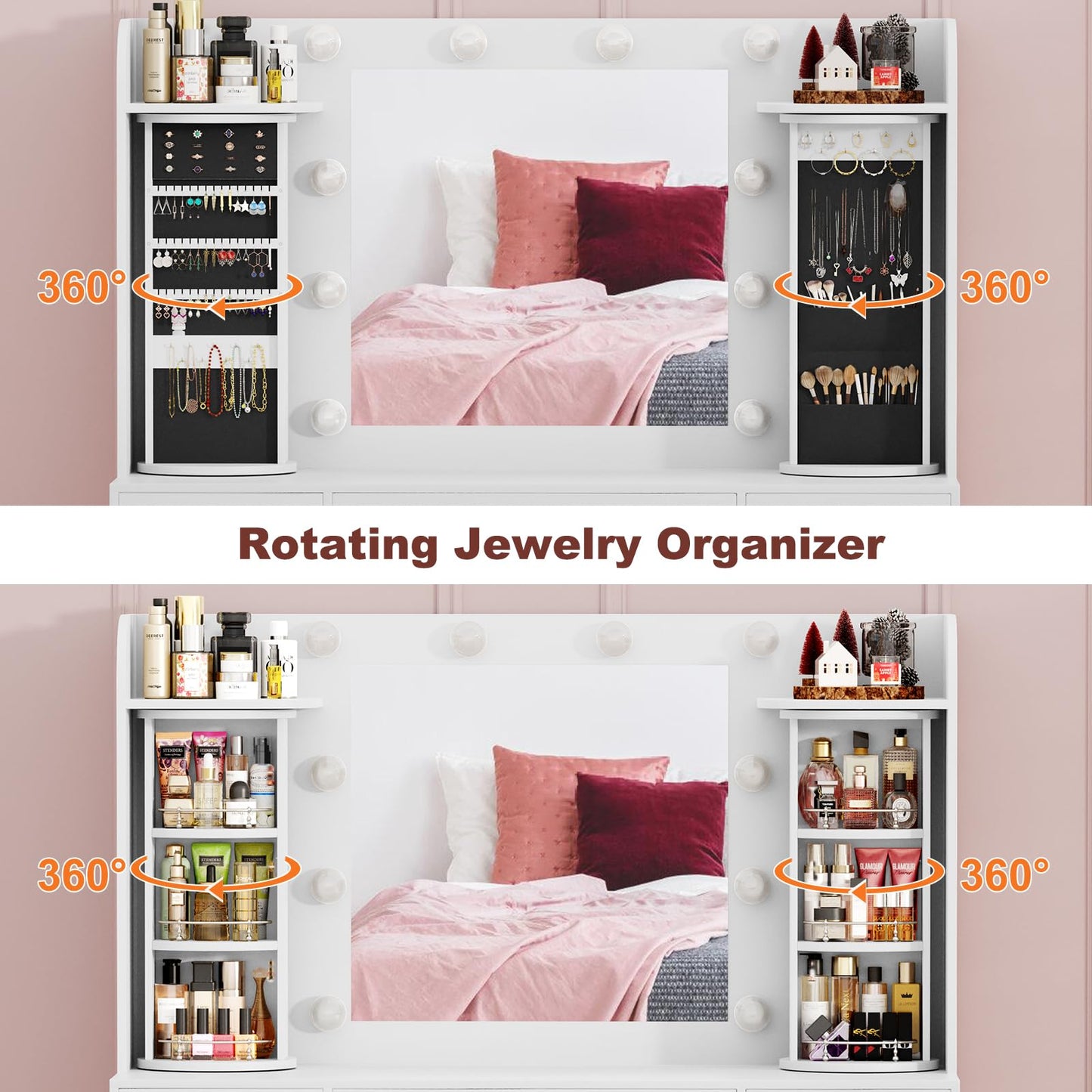 EasyCom Vanity Desk with Rotating Jewelry Organizers, Makeup Vanity with Mirror and Lights, Dressing Table with USB-C Charging Station, 3 Drawers and 2 Cabinets for Bedroom, Dressing Room, White