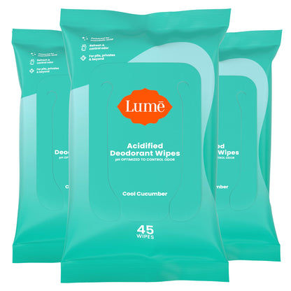 Lume Acidified Deodorant Wipes - 24 Hour Odor Control - Aluminum Free, Baking Soda Free, Skin Loving - 45 Count (Pack of 3) (Cool Cucumber)