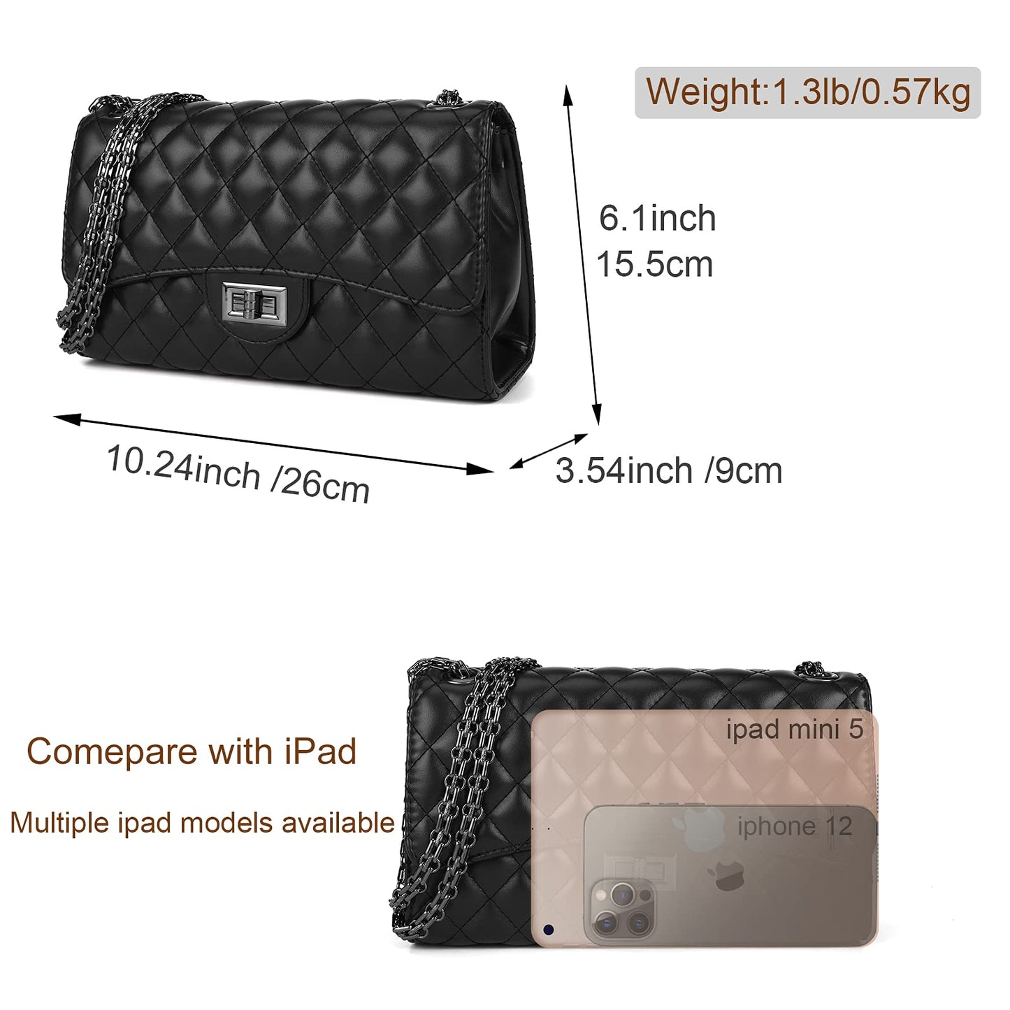 Gladdon Quilted Crossbody Purse for Women Trendy Ladies Shoulder Bag with Chain Designer Purses Black
