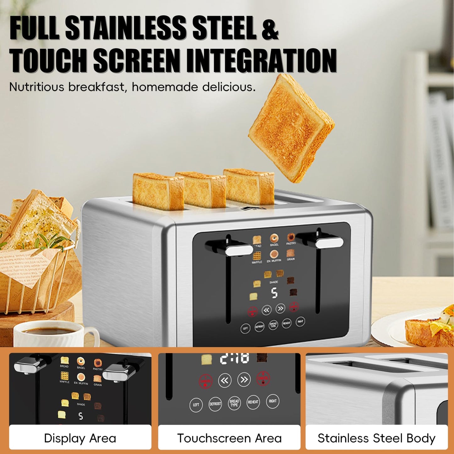 WUNLY 4 Slice Toaster, Touchscreen & Dual Independent Control Panel，5 Basic Functions & Digital Countdown Toasters, 6 Shade Settings＆6 Bread Types, Smart Bread Maker Mute/Screen-Off,Silver