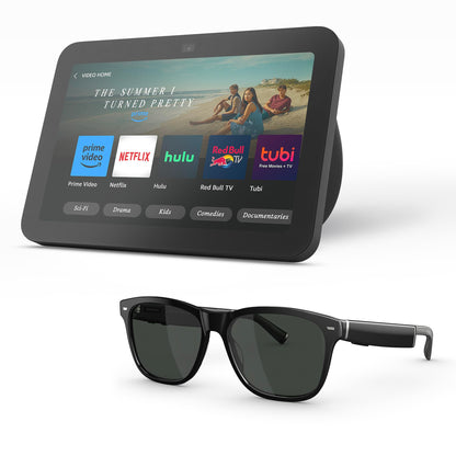 Amazon Echo Frames (newest model) + Echo Show 8 (newest model), Smart Glasses with Alexa, Rectangle frames in Classic Black with polarized sunglass lenses