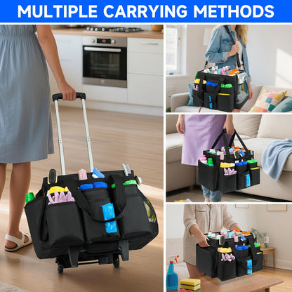 ZIOZERTT Large Rolling Cleaning Caddy Bag with Detachable Trolley,Cleaning Cart on Wheels with Shoulder Strap,Cleaning Supplies Organizer for Housekeepers,Black