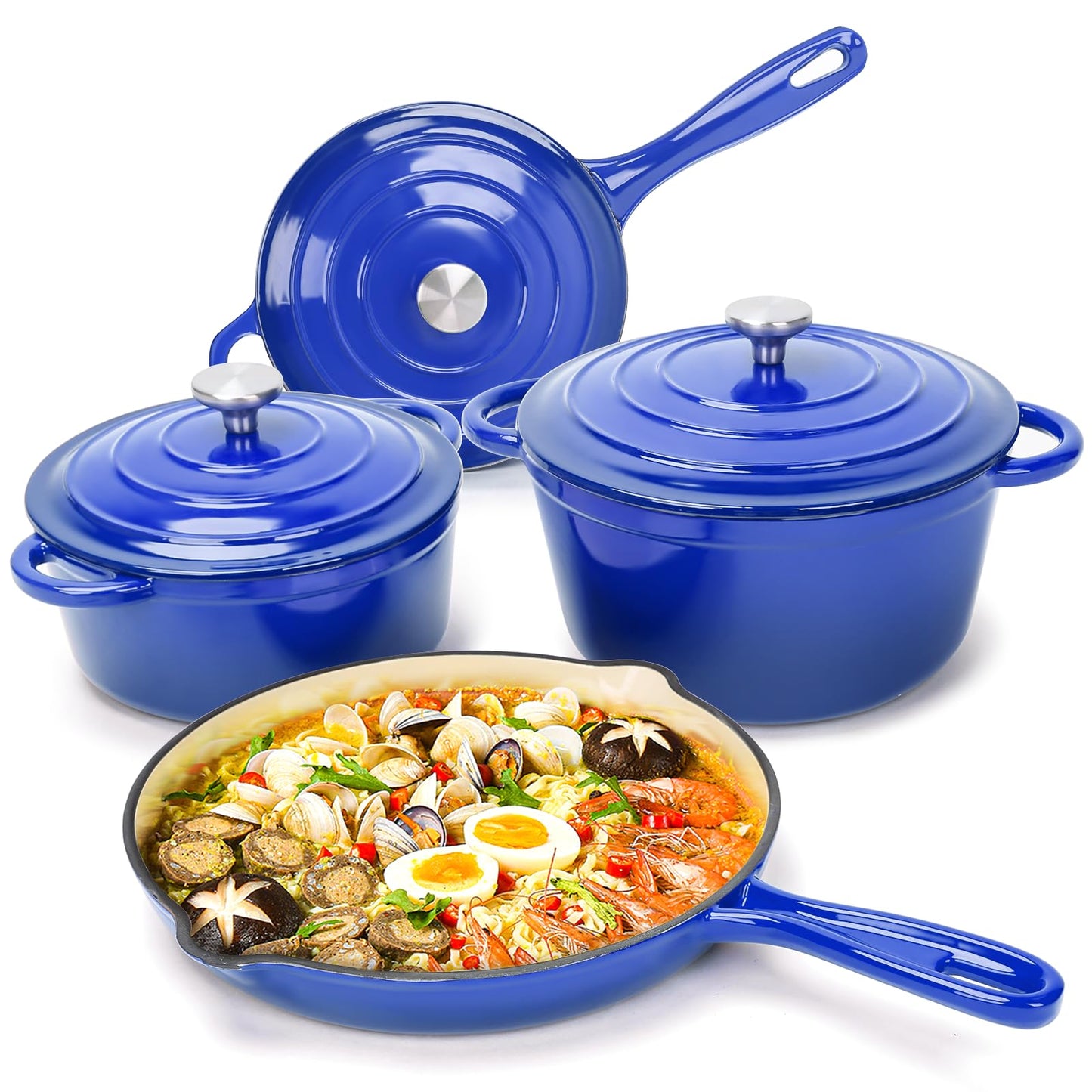 7-Piece Enameled Cast Iron Cookware Set: Dutch Ovens, Skillet & Sauce Pan with Non-Stick Ceramic Coating - Oven Safe to 550°F, PFOA-Free (Cobalt Blue)