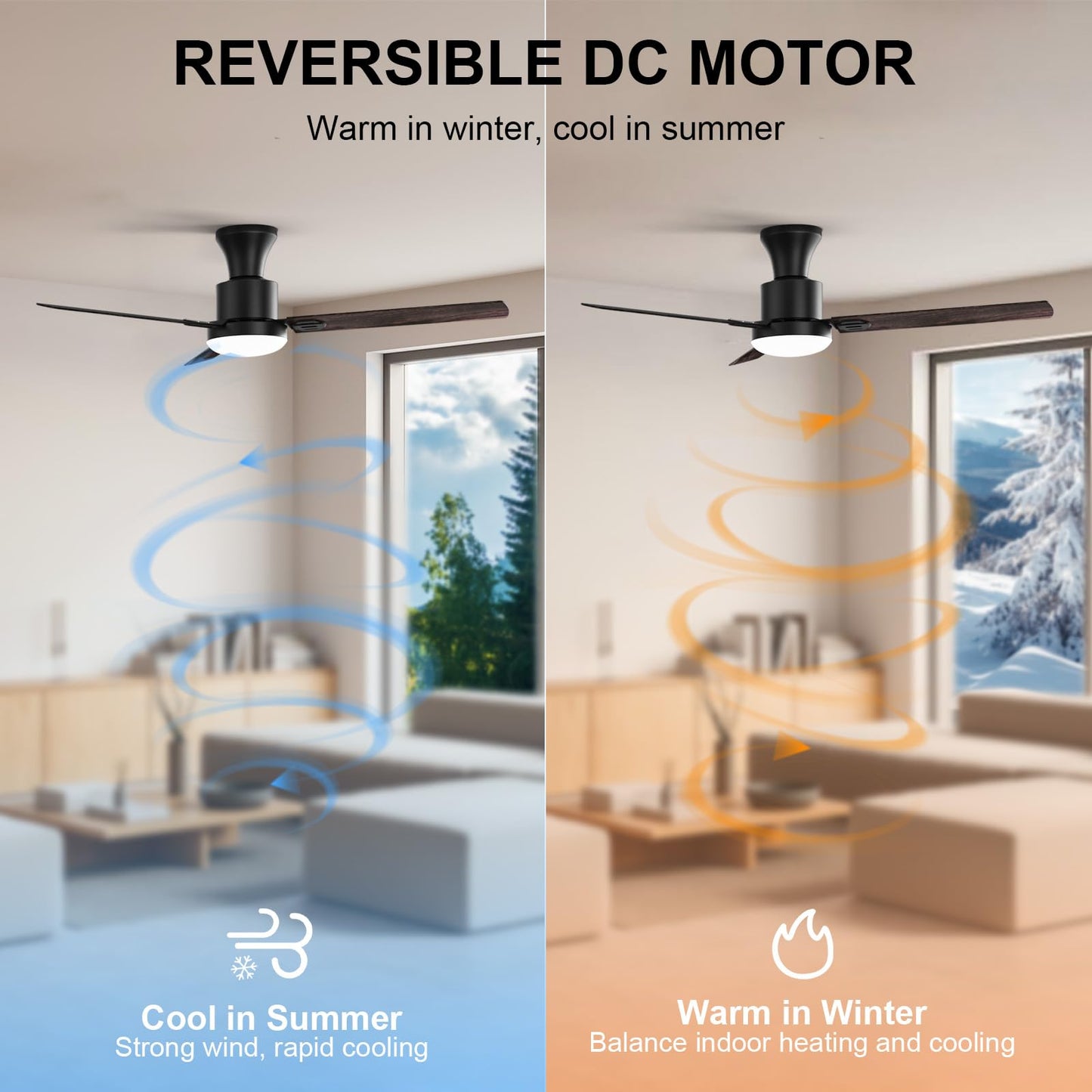 Obabala Ceiling Fans with Lights, 42 inch Flush Mount Ceiling Fan with Light and Remote Control & APP Reversible Dimmable Noiseless Ceiling Fan for Bedroom Indoor/Outdoor