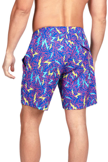 Tipsy Elves Men's Swim Trunks - 7 in Inseam 4-Way Stretch Fabric Compression & Mesh Liner Swimming Shorts for Men Bathing Suit - Neon Swim Shorts - Blue Grease Lightning Swim Trunks Size Medium