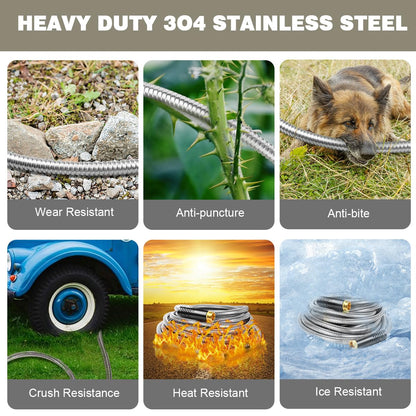 Omont Metal Garden Hose 50FT, Heavy Duty 304 Stainless Steel Water Hoses with Nozzle, Flexible Garden Hose, Lightweight, Rust Proof, No-Kink & Tangle for Yard, Outdoor, RV