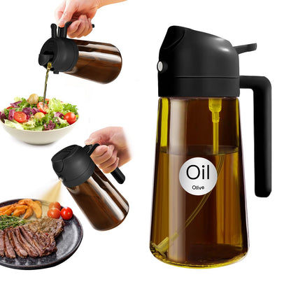YARRAMATE 16oz/470ml Light Blocking Oil Sprayer for Cooking with Stickers, Food-Grade 2 in 1 Olive Oil Dispenser Bottle for Kitchen, Premium Dark Amber Glass Oil Bottle for Air Fryer, BBQ (Black)