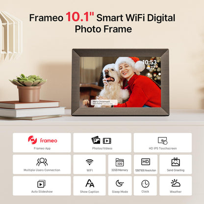 Frameo 10.1" Digital Picture Frame, Smart WiFi Digital Photo Frame with 1280x800 HD IPS Touch Screen 32GB Memory Auto-Rotate Wall Mounted, Share Photos/Videos from Phone Anywhere(Gray Wood)