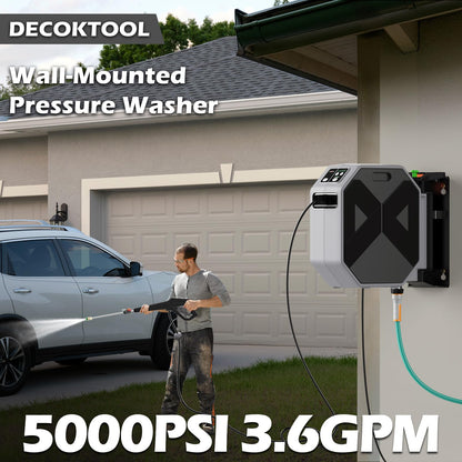 DECOKTOOL Wall Mounted Pressure Washer - 5000 PSI, 3.6 GPM Electric Power Washer with 100FT Retractable Hose, 5-Stage Adjustable Pressure, Foam Cannon & 5 Nozzles for Car, Lane, Patio Cleaning, Black