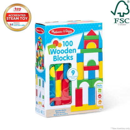 Melissa & Doug Wooden Building Blocks Set - 100 Blocks in 4 Colors and 9 Shapes - FSC Certified