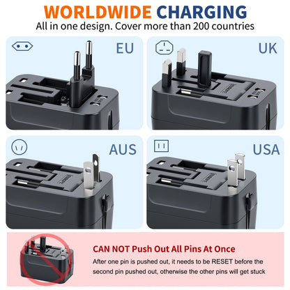 International Universal All in One Worldwide Travel Adapter Fast Charger with PD 3.0 Type C & USB-A Quick Charging Wall Charger AC Power Plug Adapter for USA EU UK AUS European Cell Phone Laptop