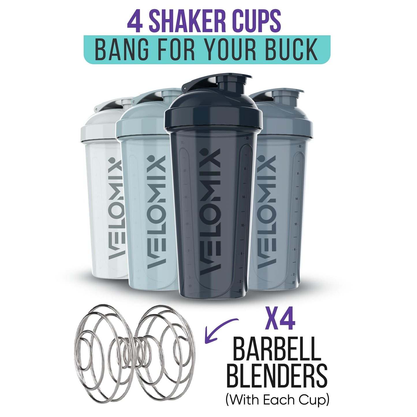VELOMIX -4 PACK 28 Oz Protein Shaker Bottle for Protein Mixes - 4x Wire Whisk | Leak Proof Shaker Cups for Protein Shakes | Protein Shaker Bottle Pack | Protein Shake Cup (Aqua Depths)