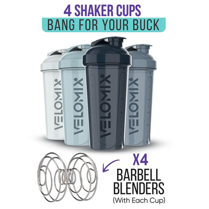 VELOMIX -4 PACK 28 Oz Protein Shaker Bottle for Protein Mixes - 4x Wire Whisk | Leak Proof Shaker Cups for Protein Shakes | Protein Shaker Bottle Pack | Protein Shake Cup (Aqua Depths)