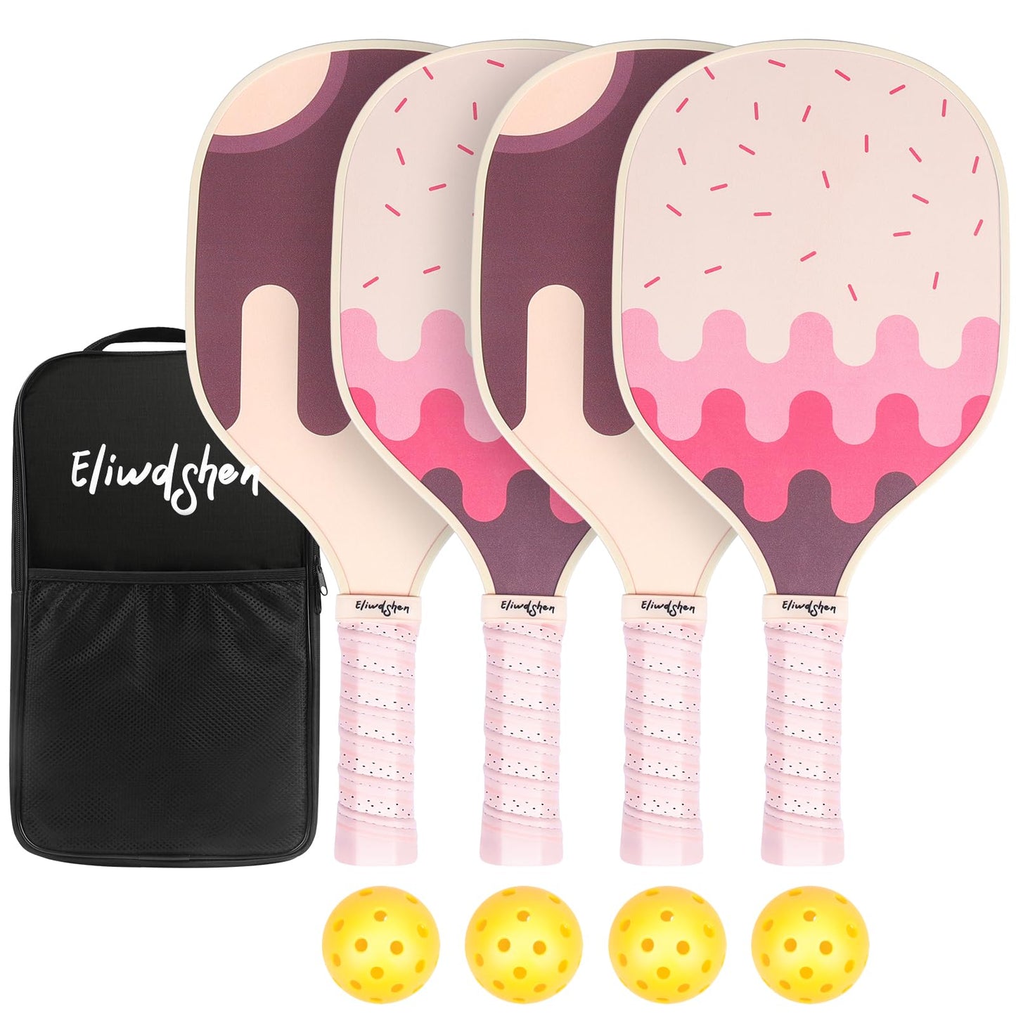 Eliwdshen Pickle Paddles Set of 4, Premium Wood Pickleball Paddles with 4-40 Holes Pickleball Balls and Carry Bag, Wood Pickle Rackets Gifts for Adults, Kids and Beginners (Cute)