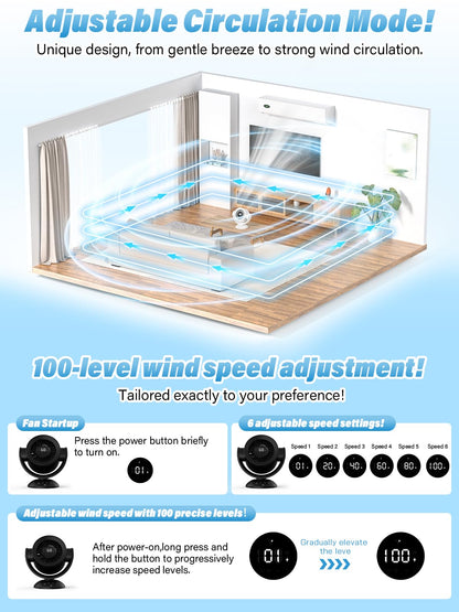 SECHKISS Desk Fans for Bedroom，9-Inch Air Circulator Fan，90°Vertical +120°Auto Oscillating,100 Speeds, 10H Timer, Quiet Fan,Digital Display Rechargeable USB, with Remote, for Home, Office（Black）