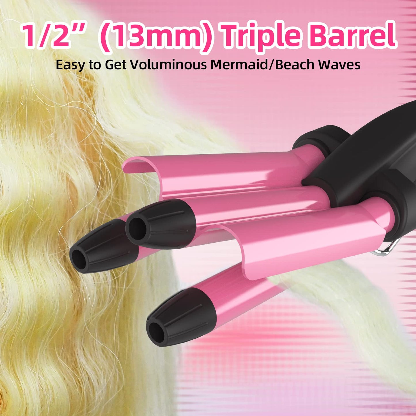 WIZCHARK Mini Waver Curling Iron, 1/2 Inch, Small Hair Crimper for Women with Ceramic Tourmaline, Dual Voltage Travel Hair Waver for Beach Waves, Pink