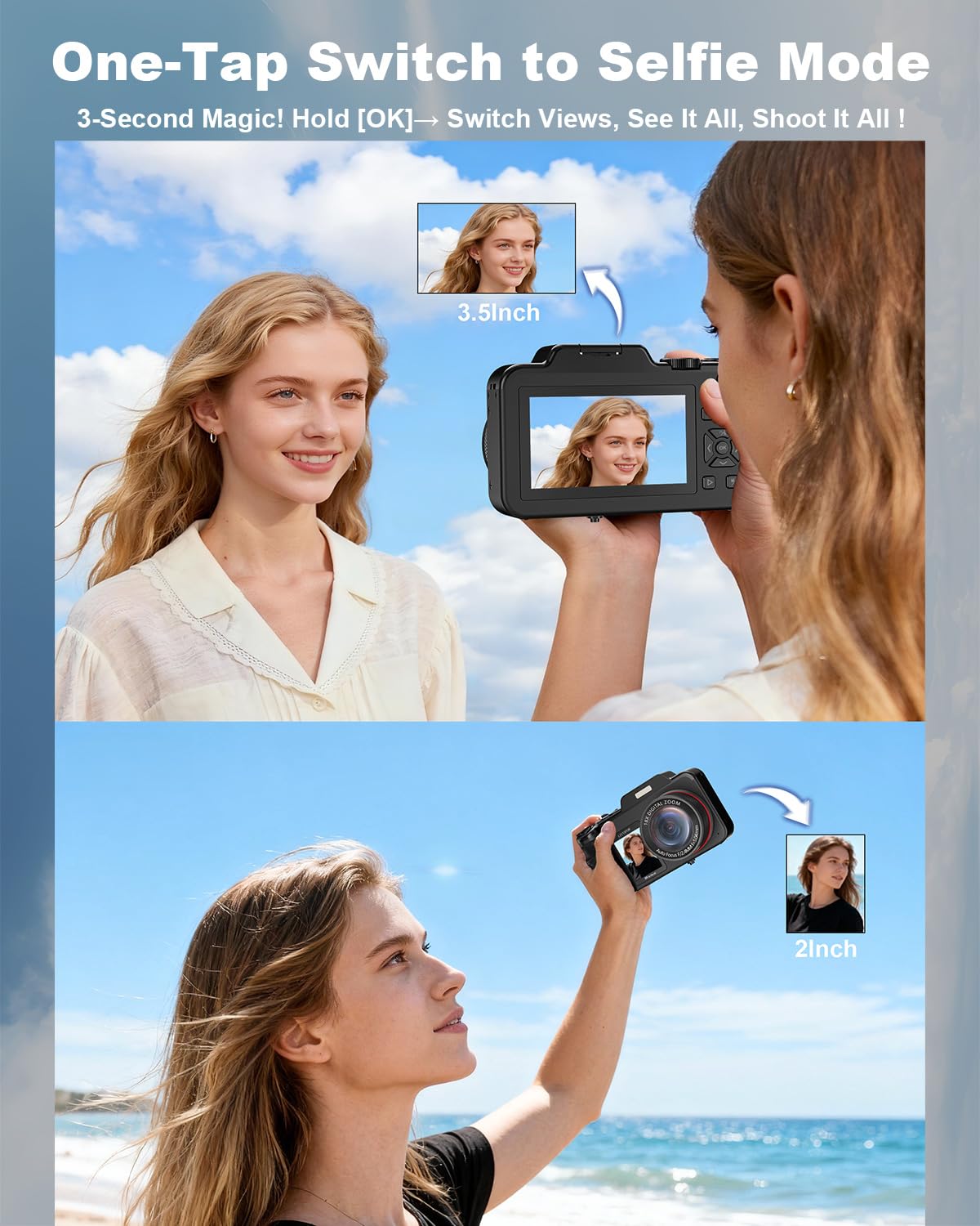 5K Digital Camera for Photography, 80MP 3.5"+2" Dual Screen for Self-Framing 18X Zoom Autofocus Vlogging Camera for YouTube/Content Creators/Travel, Includes 64GB Card + 2 Batteries & Flash, LIYTIFOR