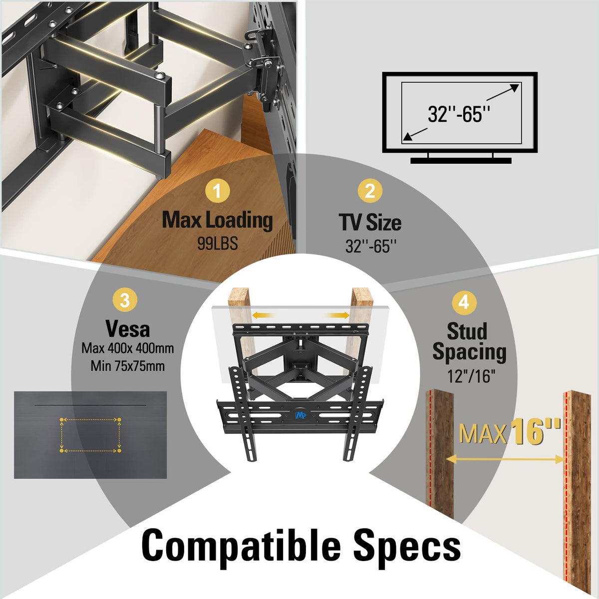 Mounting Dream TV Wall Mount for 32-65 Inch Television,Mount with Swivel and Tilt, Full Motion Bracket with Articulating Dual Arms, Fits 16inch Studs, Max VESA 400X400 mm, 99lbs, MD2380