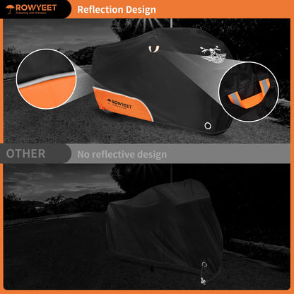 ROWYEET Motorcycle Cover Waterproof Outdoor Storage with Lock-Holes, Zipper Storage Bag & Night Reflective Design, All Season Protection Powersports Vehicle Covers Fits up to 96.5" Motorcycles