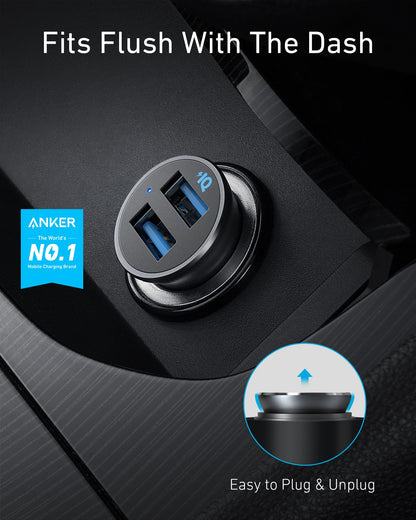 Anker 320 Car Charger (24W II), Mini Aluminum Alloy Dual USB with Blue LED for iPhone16 15 14 13 12 Series, iPad Pro/Air 2/Mini, Galaxy and More - Not Compatible with Quick Charge (Black)