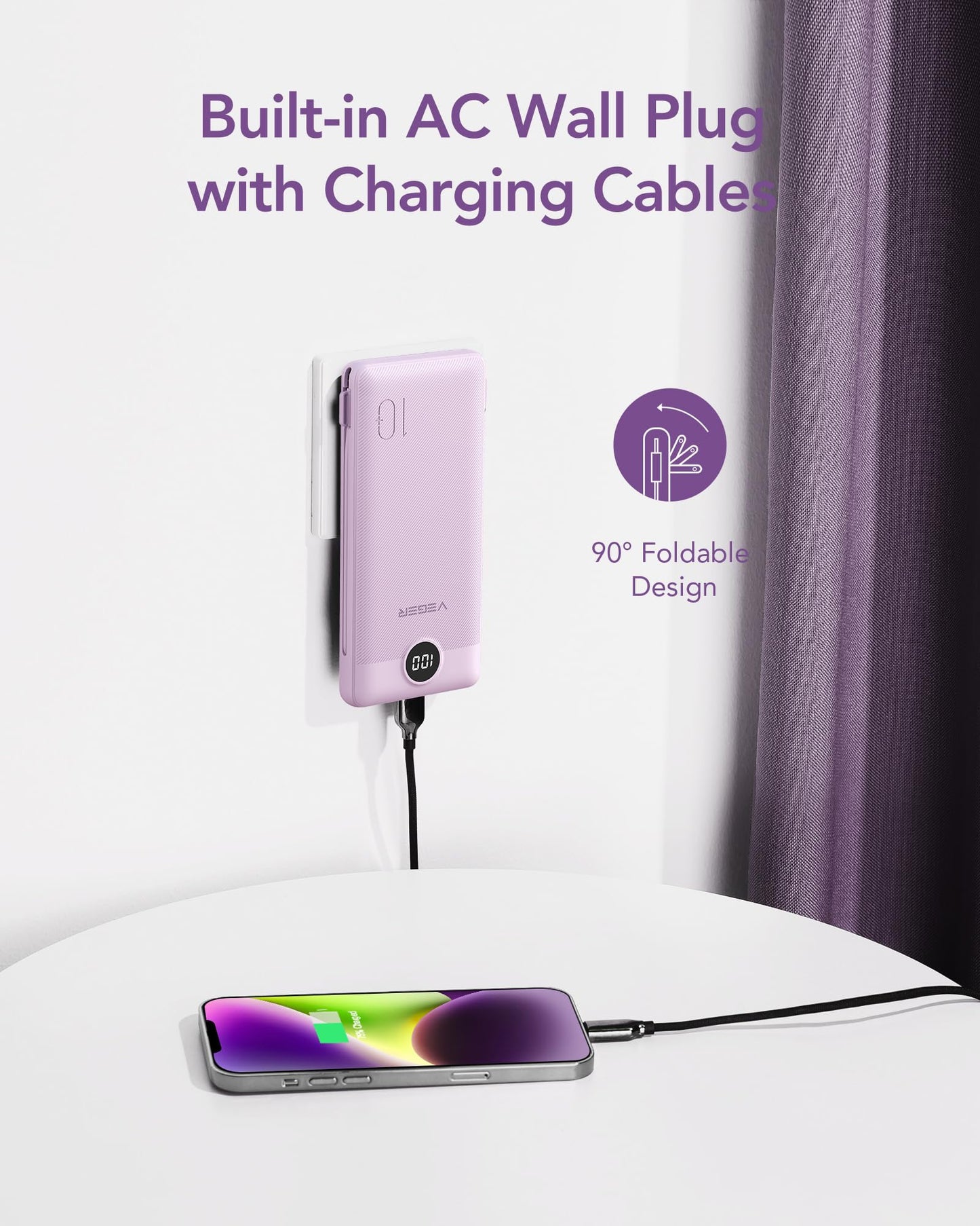 VEGER Portable Charger with Built-in AC Plug and Cables, All in One 10000mAh Ultra Slim Power Bank Travel Essentials, 15W Fast Charging Battery Pack Compatible with iPhone, Samsung, Android (Purple)
