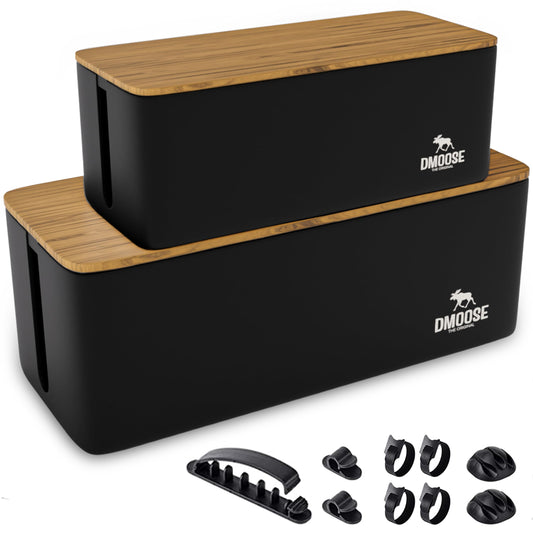 DMoose Cable Management Box - 2 Pack Medium & Large Cord Organizer for Desk & Floor, Cable Organizer Box for Child & Pet - Hider for Tidy Office & Home (Wood Print Lid, Black, Pack of 2)