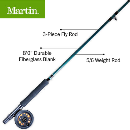 Martin Complete Fly Fishing Kit, 8-Foot 5/6-Weight 3-Piece Fly Fishing Pole, Size 5/6 Rim-Control Reel, Pre-spooled with Backing, Line and Leader, Includes Custom Fly Tackle Assortment, Brown/Green