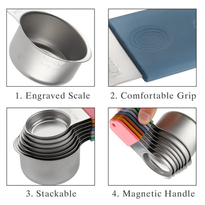 Magnetic Measuring Cups and Spoons Set Including 7 Stainless Steel Heavy Duty Measuring Cup 8 Double Sided Measuring Spoons with 1 Leveler for Dry and Liquid Ingredients (Color)